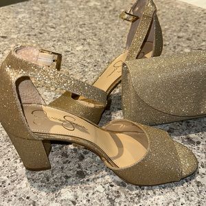 Jessica Simpson gold shoes and matching clutch